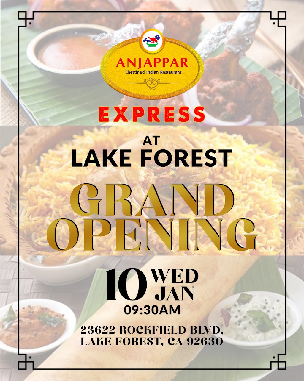 Anjappar Express - Chettinad Indian Restaurant | restaurant | 23622 Rockfield Blvd, Lake Forest, CA 92630, USA | 9494466260 OR +1 949-446-6260