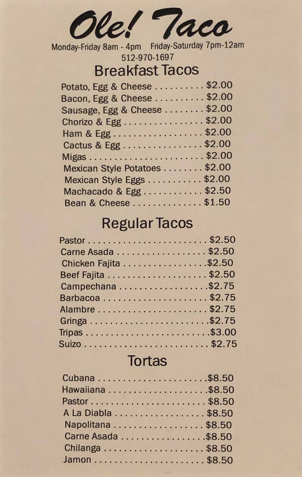 Olé Tacos | restaurant | 4101 S 1st St, Austin, TX 78745, USA | 5129701697 OR +1 512-970-1697