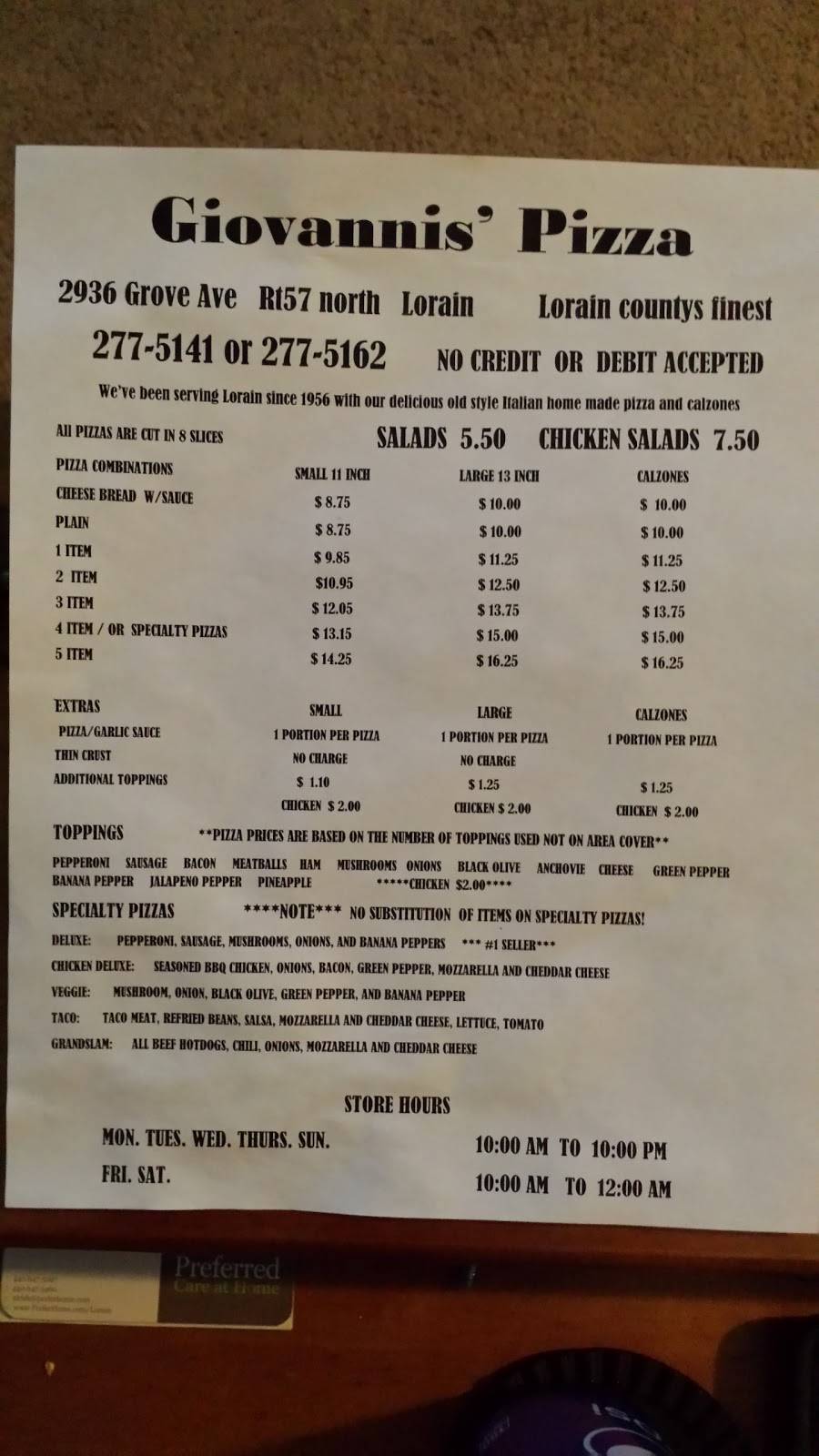 Giovannis Pizza | restaurant | 2936 Grove Ave, Lorain, OH 44055, USA | 4402775141 OR +1 440-277-5141