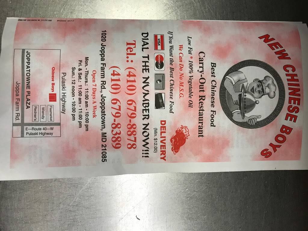 New Chinese Boys | restaurant | 1020 Joppa Farm Rd, Joppa, MD 21085, USA | 4106798878 OR +1 410-679-8878