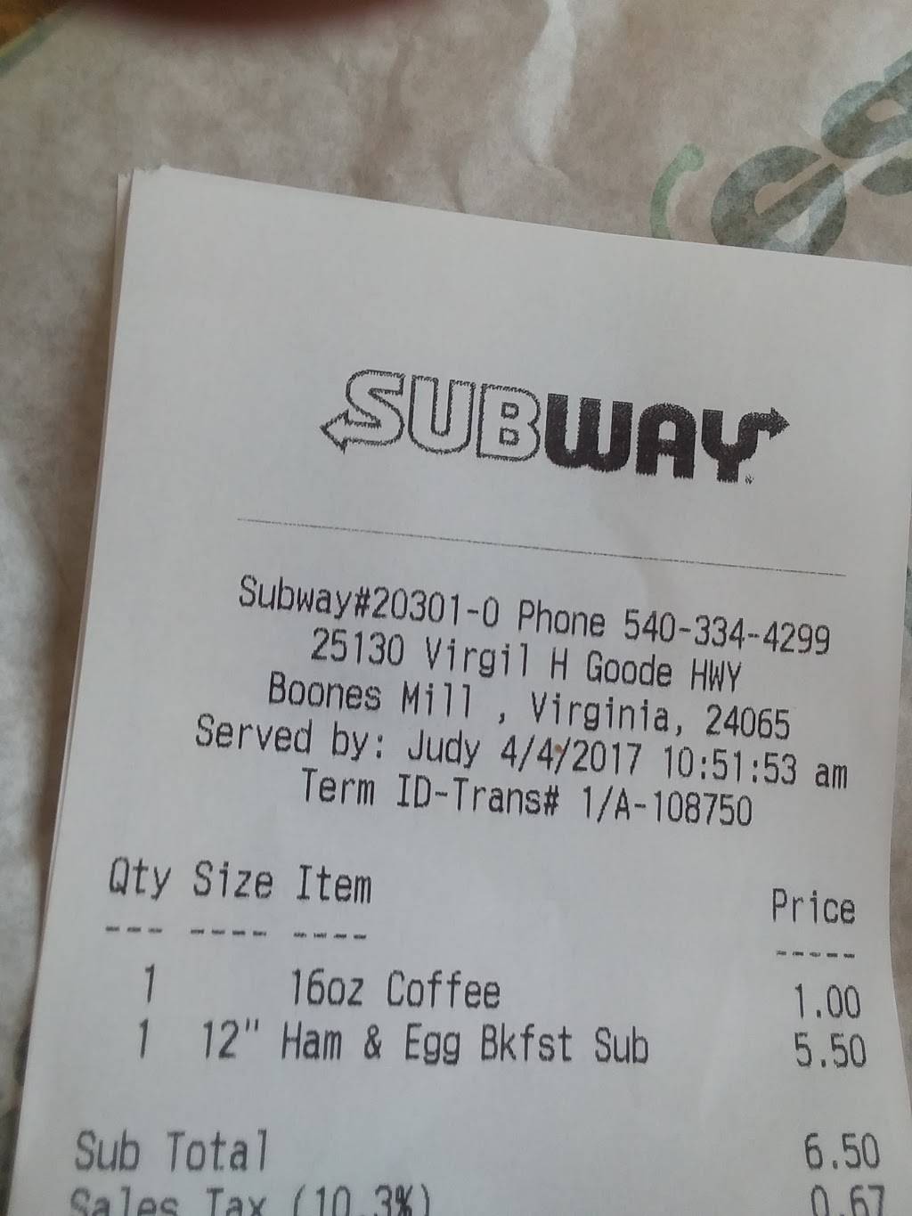 Subway | restaurant | 25130 Virgil H Goode Hwy, Boones Mill, VA 24065, USA | 5403344299 OR +1 540-334-4299