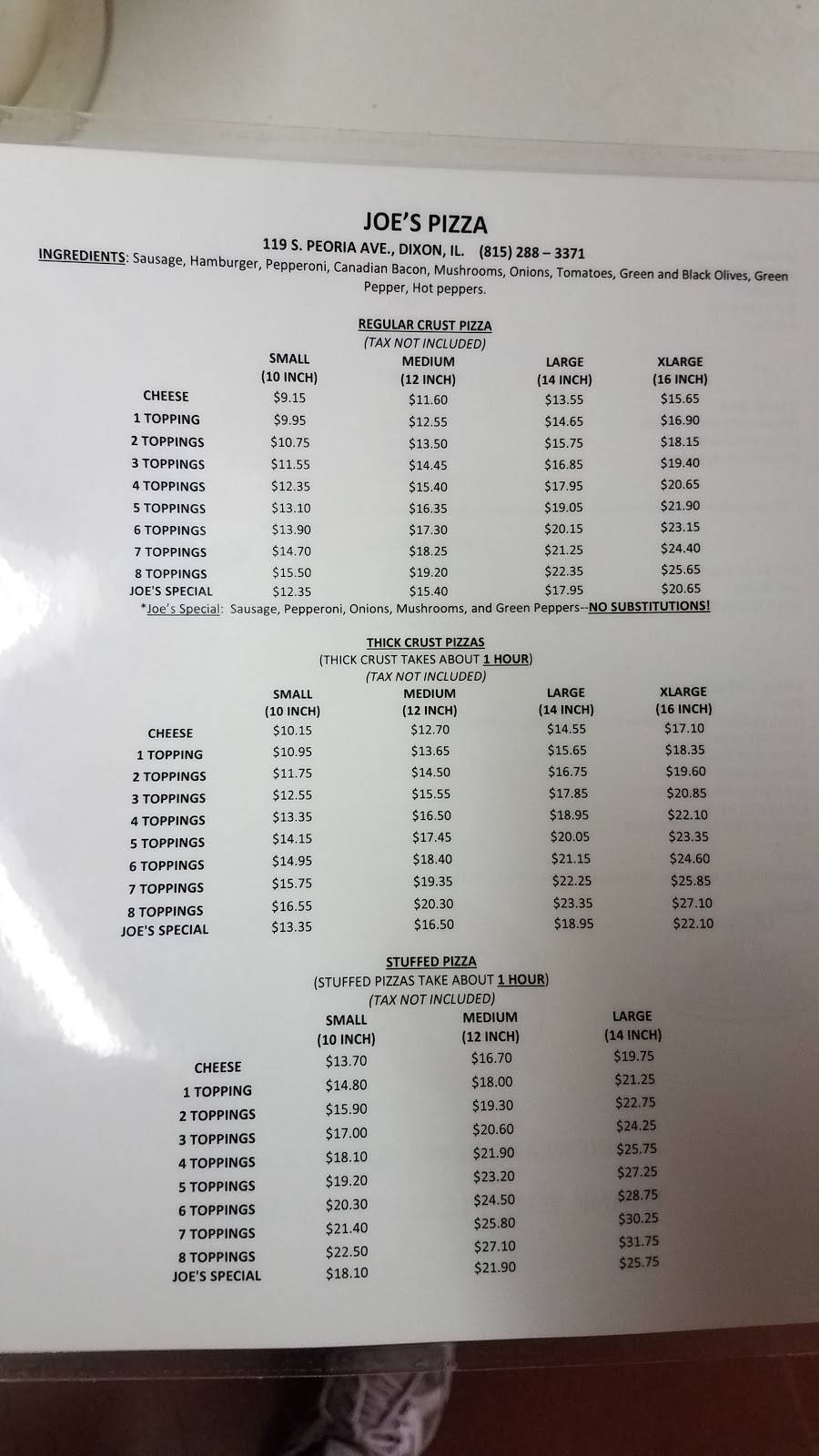 Joes Pizzeria | restaurant | 119 S Peoria Ave, Dixon, IL 61021, USA | 8152883371 OR +1 815-288-3371