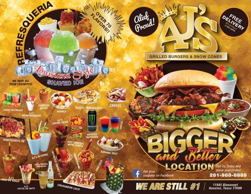 AJs Grilled Burgers and Snowcones | restaurant | 11845 Bissonnet St, Houston, TX 77099, USA | 2819888888 OR +1 281-988-8888