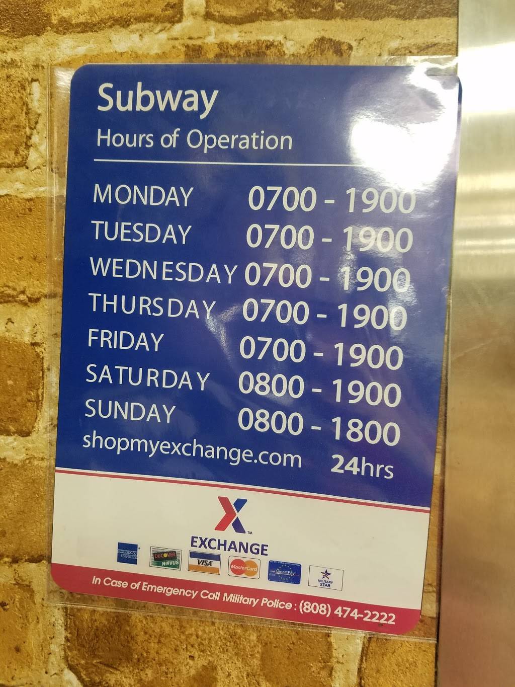 Subway | meal takeaway | 1232 OMalley Blvd, Vickers Ave, Joint Base Pearl Harbor-Hickam, HI 96853, USA | 8084224425 OR +1 808-422-4425