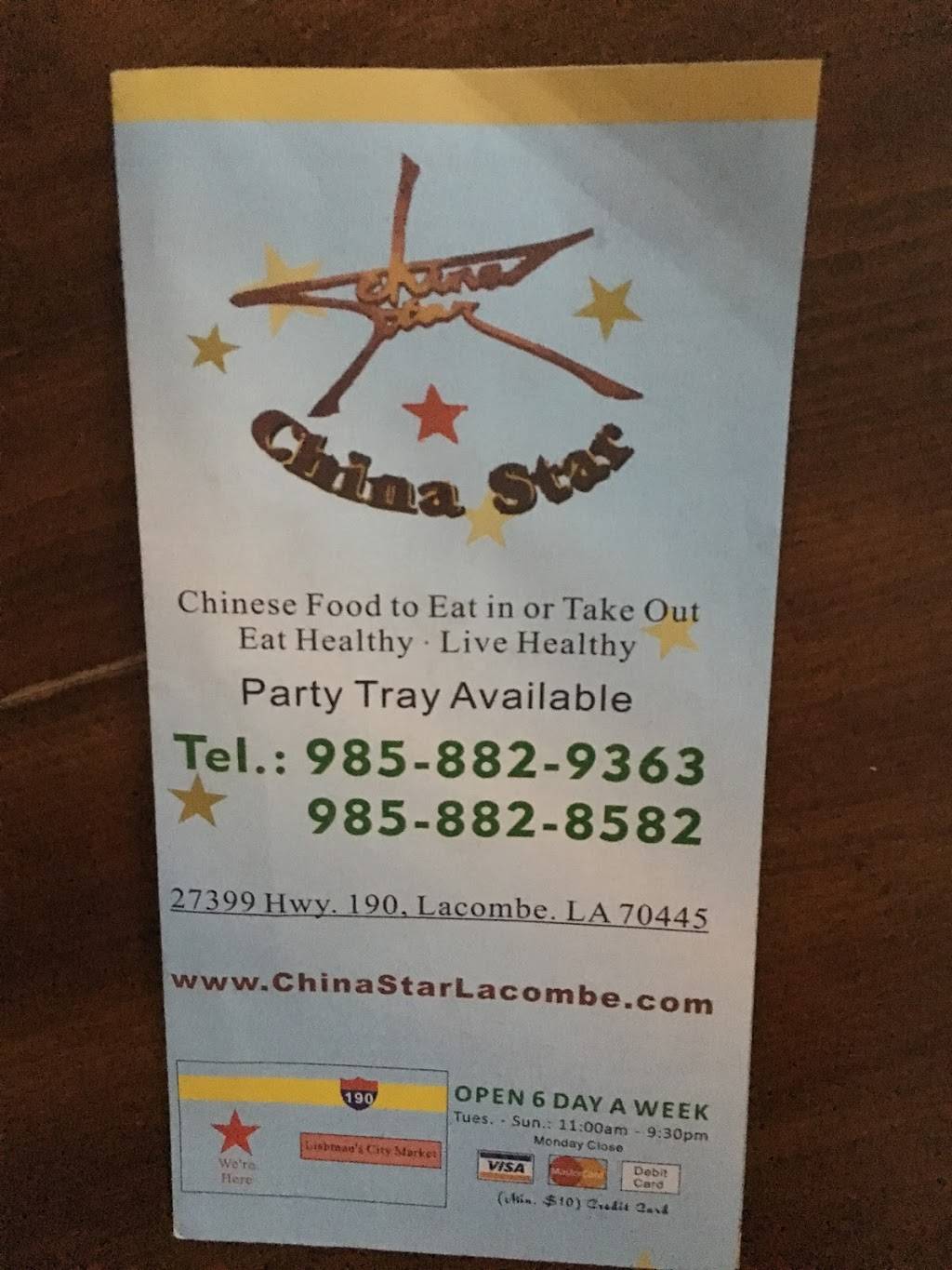 China Star | restaurant | 27399 U.S. Hwy 190, Lacombe, LA 70445, USA | 9858829363 OR +1 985-882-9363