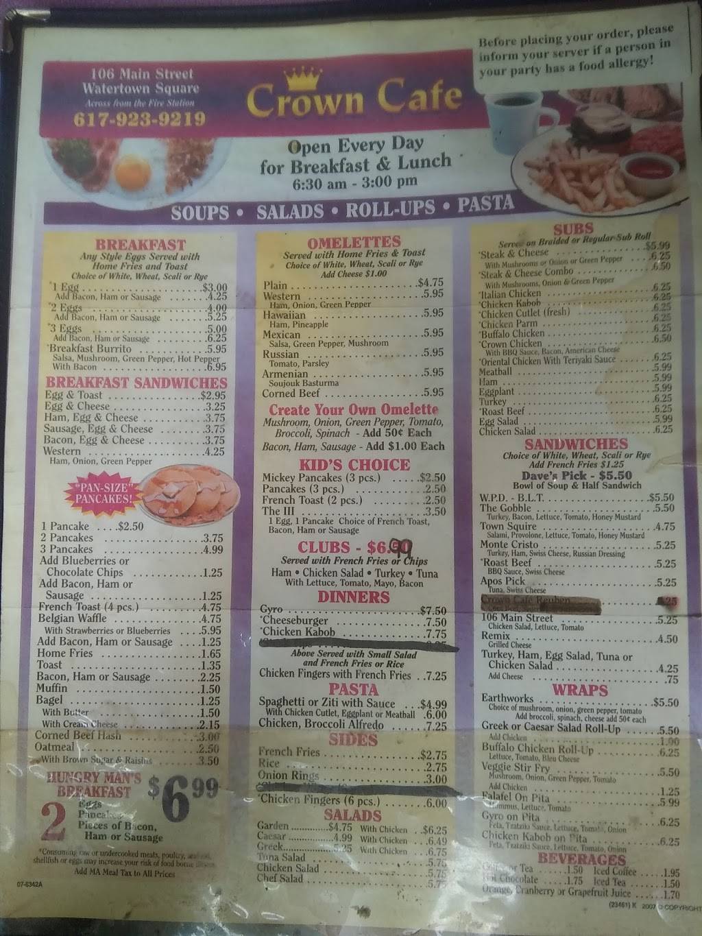 Crown Cafe | meal takeaway | 106 Main St, Watertown, MA 02472, USA | 6179239219 OR +1 617-923-9219