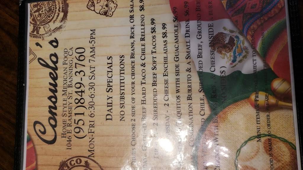 Consuelos Authentic Mexican Restaurant | restaurant | 1046 E Ramsey St, Banning, CA 92220, USA | 9518493760 OR +1 951-849-3760