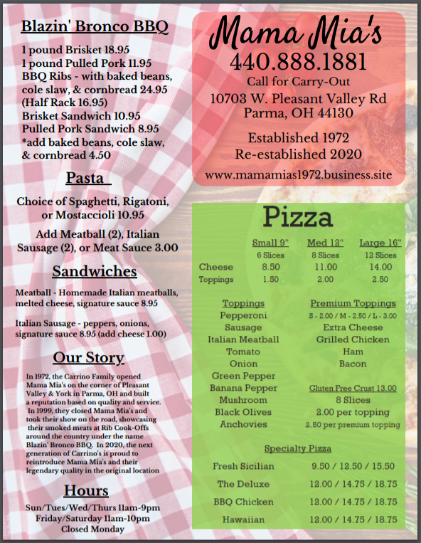 Mama Mias | restaurant | 10703 W Pleasant Valley Rd, Parma, OH 44130, USA | 4408881881 OR +1 440-888-1881