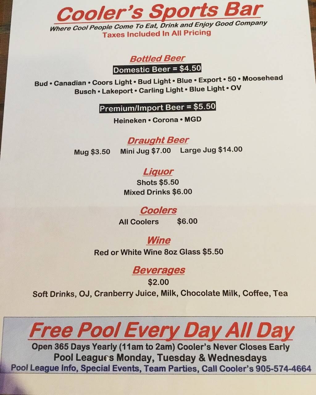 Coolers | restaurant | 558 Upper Gage Ave, Hamilton, ON L8V 4J6, Canada | 9055744664 OR +1 905-574-4664