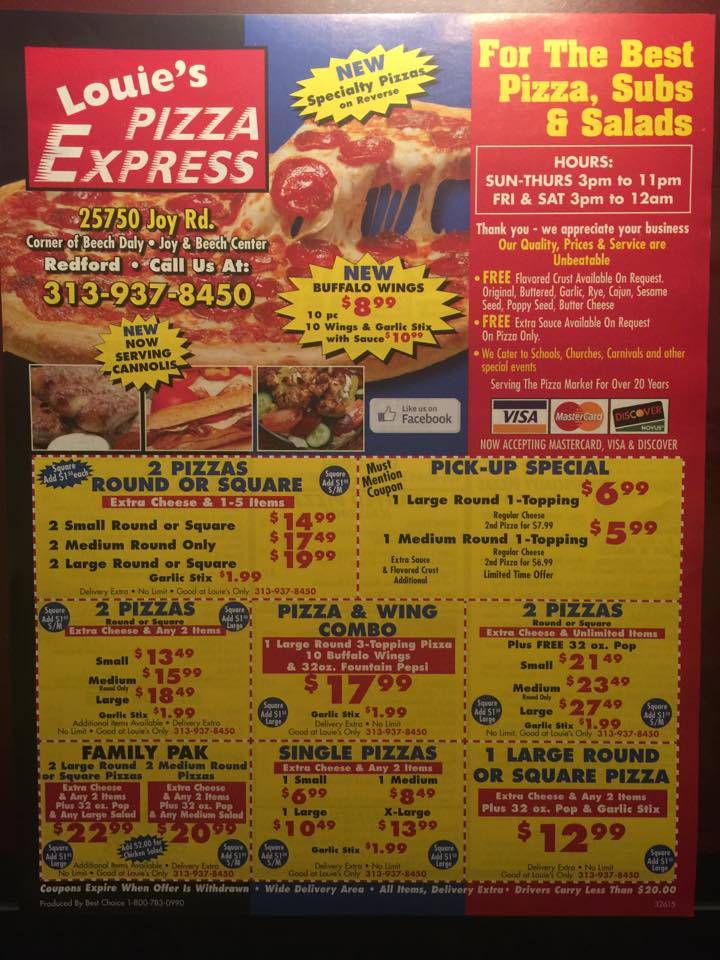 Louies Pizza Express | meal delivery | 25750 Joy Rd, Redford Charter Twp, MI 48239, USA | 3139378450 OR +1 313-937-8450
