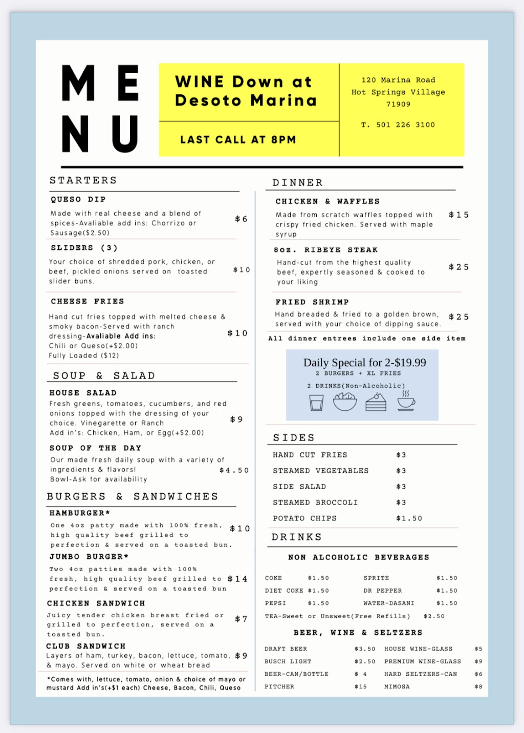 Wine Down at Desoto Marina | restaurant | 120 Marina Rd, Hot Springs Village, AR 71909, USA | 5012263100 OR +1 501-226-3100