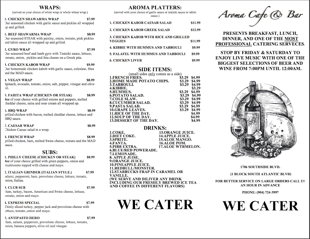 Aroma Cafe & Bar | restaurant | 1706 Southside Blvd, Jacksonville, FL 32216, USA | 9047243997 OR +1 904-724-3997
