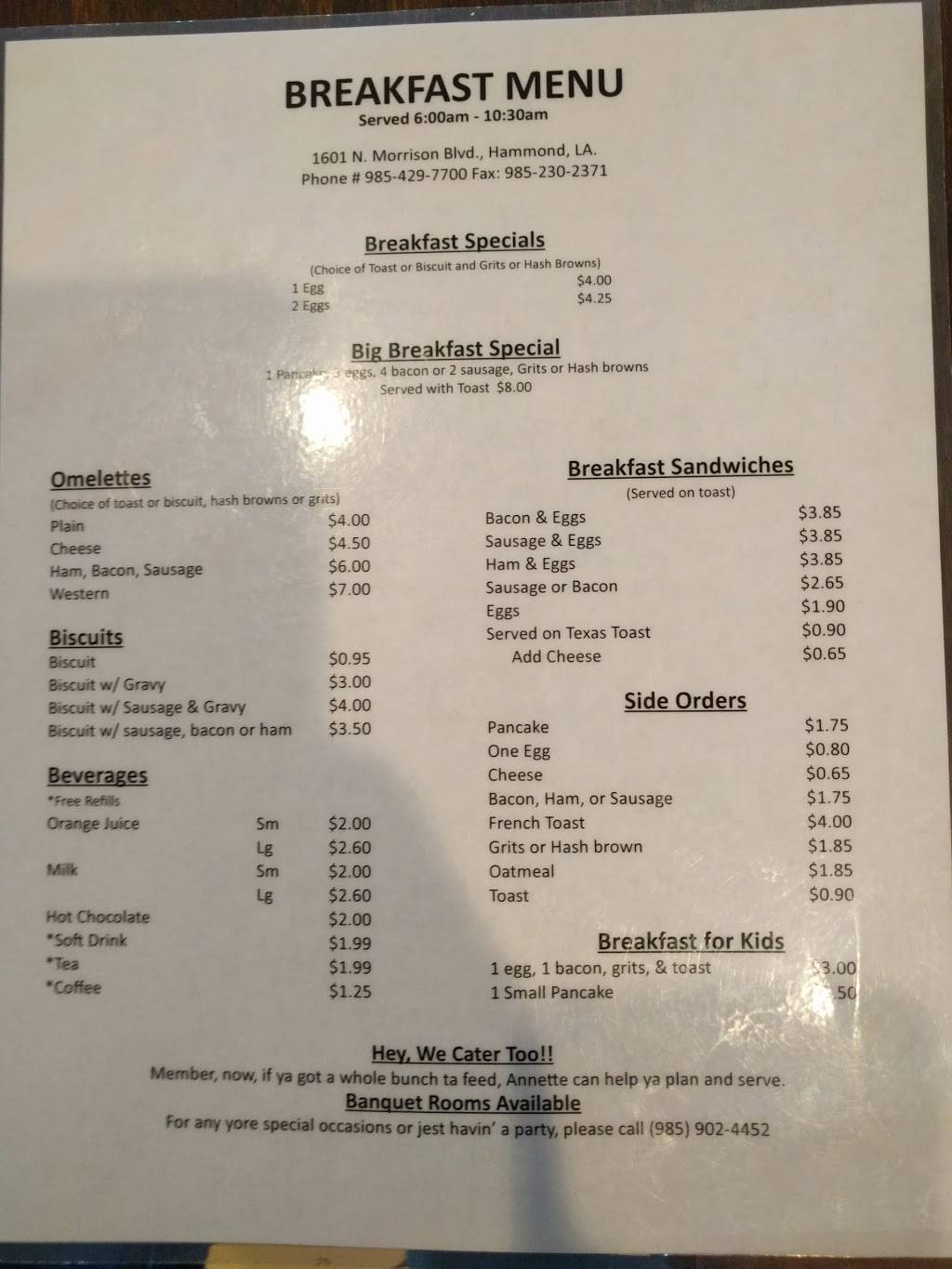 Annettes Country Cooking & Seafood | restaurant | 1601 N Morrison Blvd, Hammond, LA 70401, USA | 9854297700 OR +1 985-429-7700