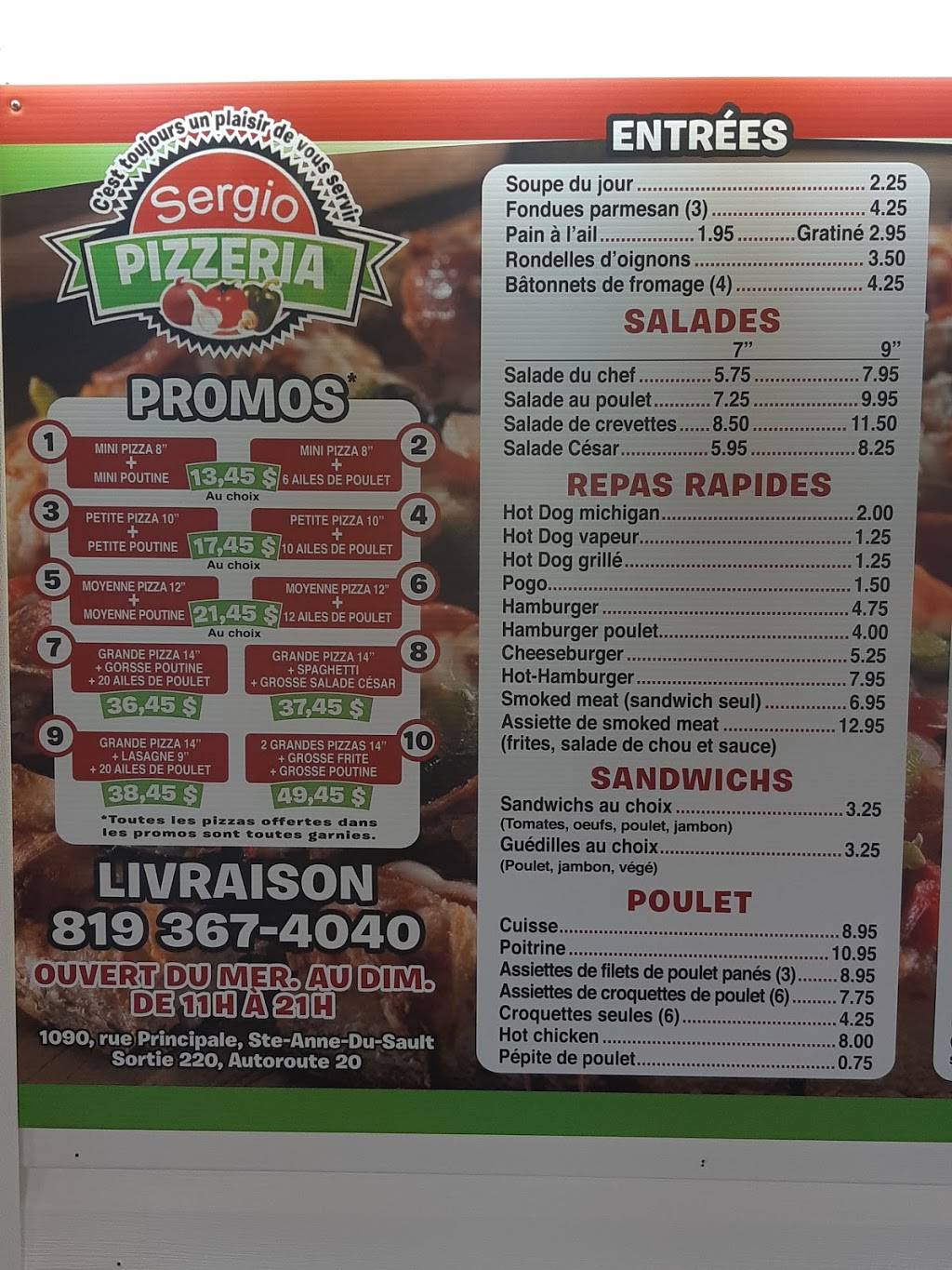 Sergio Pizzeria | restaurant | 1080 Route Principale, Sainte-Anne-du-Sault, QC G0Z 1C0, Canada | 8193674040 OR +1 819-367-4040