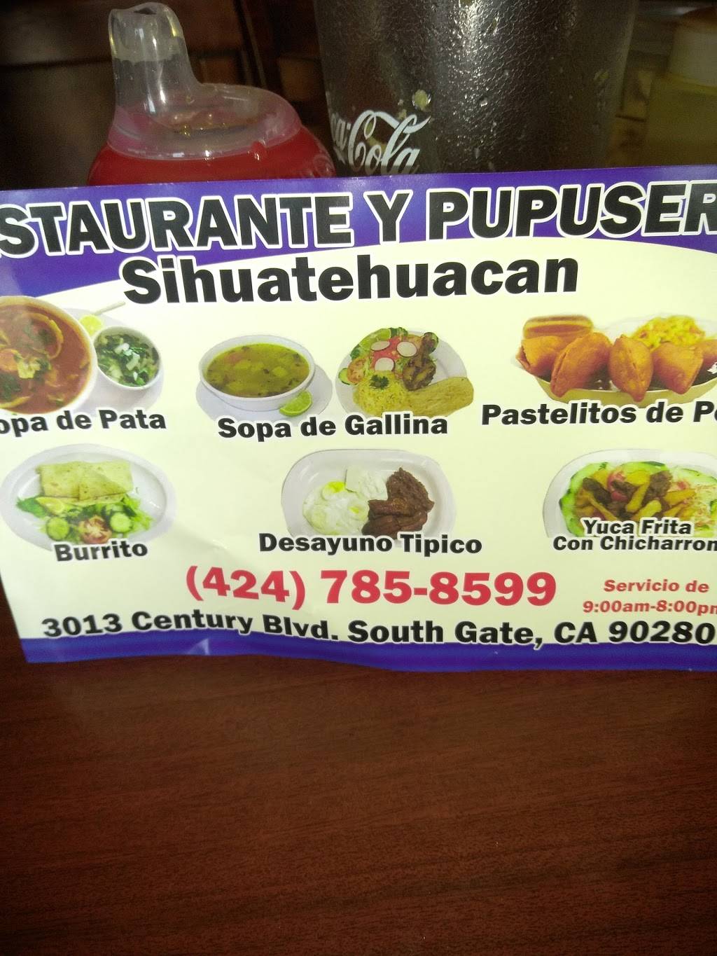 Sihuatehuacan Pupuseria y Restaurante | restaurant | 3013 Century Blvd, South Gate, CA 90280, USA | 4247858599 OR +1 424-785-8599