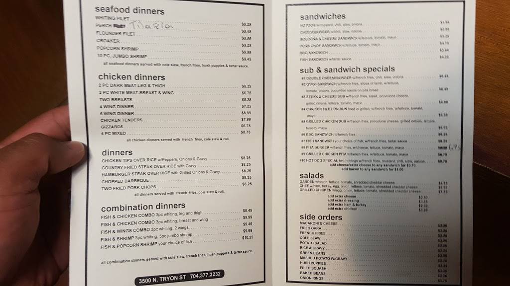 Fish & Chicken Corner | restaurant | 3500 N Tryon St, Charlotte, NC 28206, USA | 7043773232 OR +1 704-377-3232