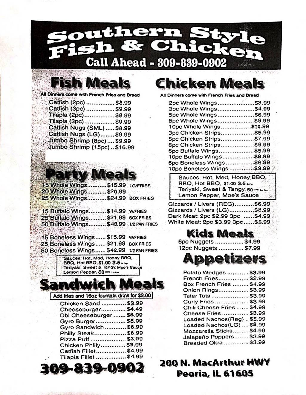 Southern Style Fish & Chicken | restaurant | 200 N MacArthur Hwy, Peoria, IL 61605, USA | 3098390902 OR +1 309-839-0902