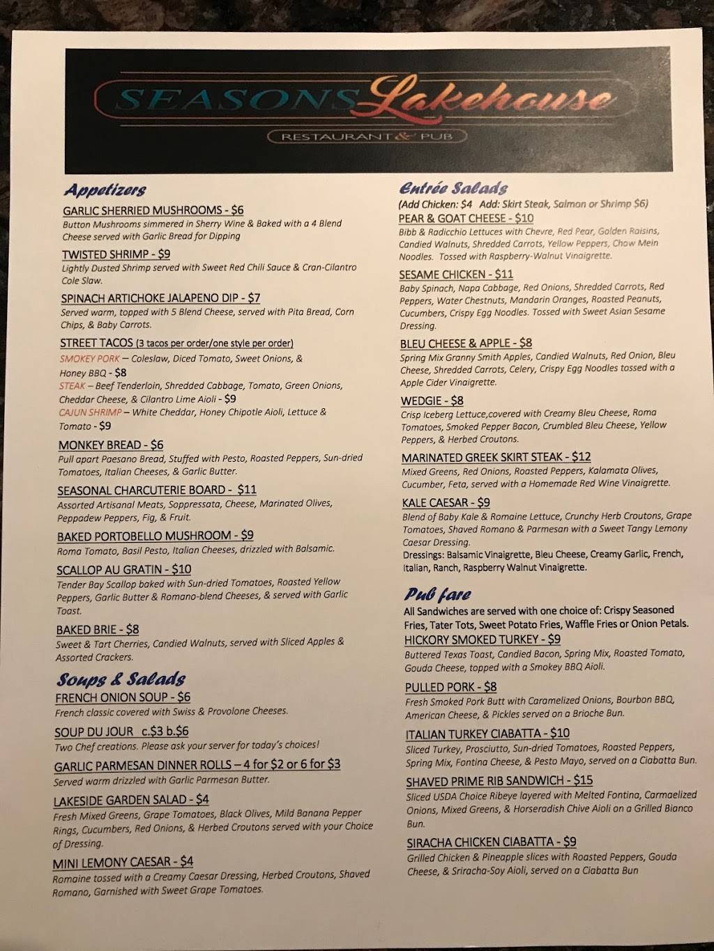 Seasons Lakehouse | restaurant | 1048 N Lakeshore Dr, Crown Point, IN 46307, USA | 2199882582 OR +1 219-988-2582