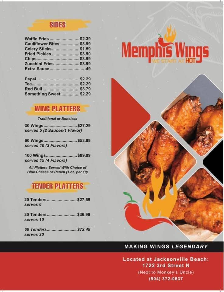 Memphis Wings | restaurant | 1722 3rd St N, Jacksonville Beach, FL 32250, USA | 9043720637 OR +1 904-372-0637