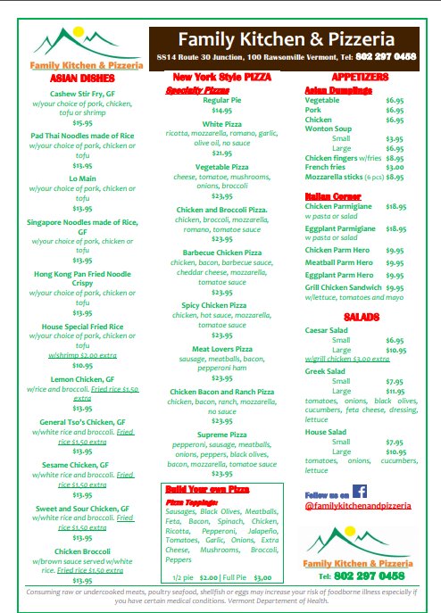 Family Kitchen and Pizzeria | restaurant | 8814 VT-30, South Londonderry, VT 05155, USA | 8022970458 OR +1 802-297-0458