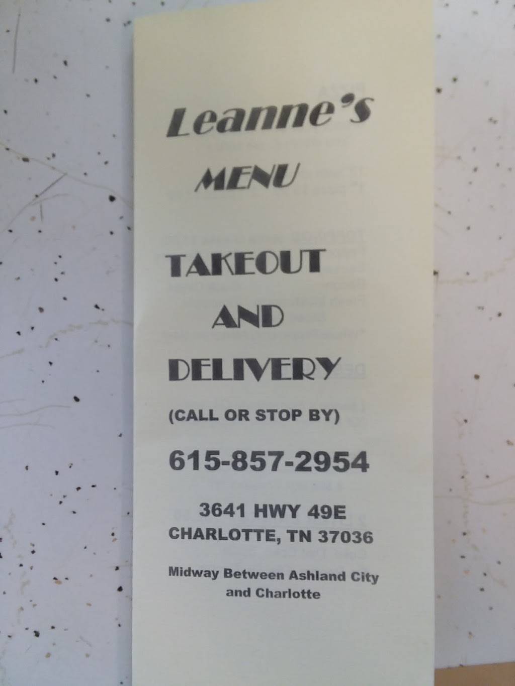 Leannes Takeout And Delivery | restaurant | 3641 TN-49, Charlotte, TN 37036, USA | 6158572954 OR +1 615-857-2954