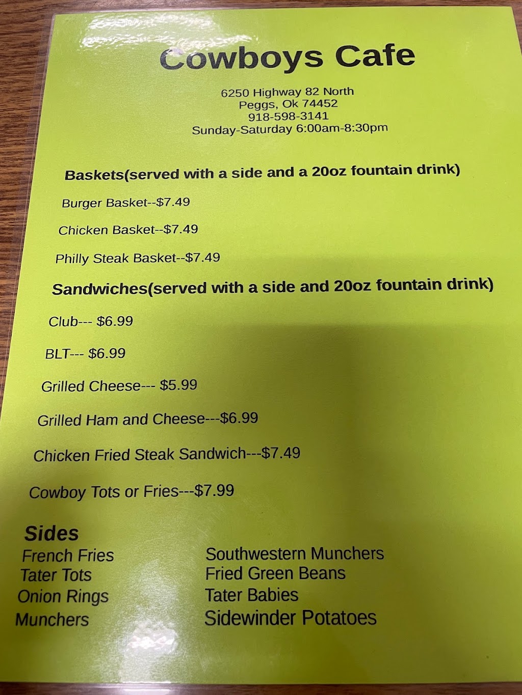 COWBOYS | restaurant | 6250 OK-82, Peggs, OK 74452, USA | 9185983141 OR +1 918-598-3141