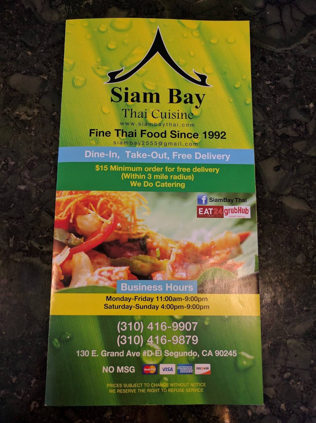 Siam Bay Thai Cuisine | restaurant | 130 E Grand Ave D, El Segundo, CA 90245, USA | 3104169907 OR +1 310-416-9907