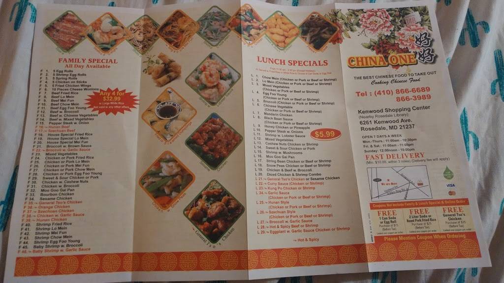 China One | restaurant | 6261 Kenwood Ave, Rosedale, MD 21237, USA | 4108666689 OR +1 410-866-6689