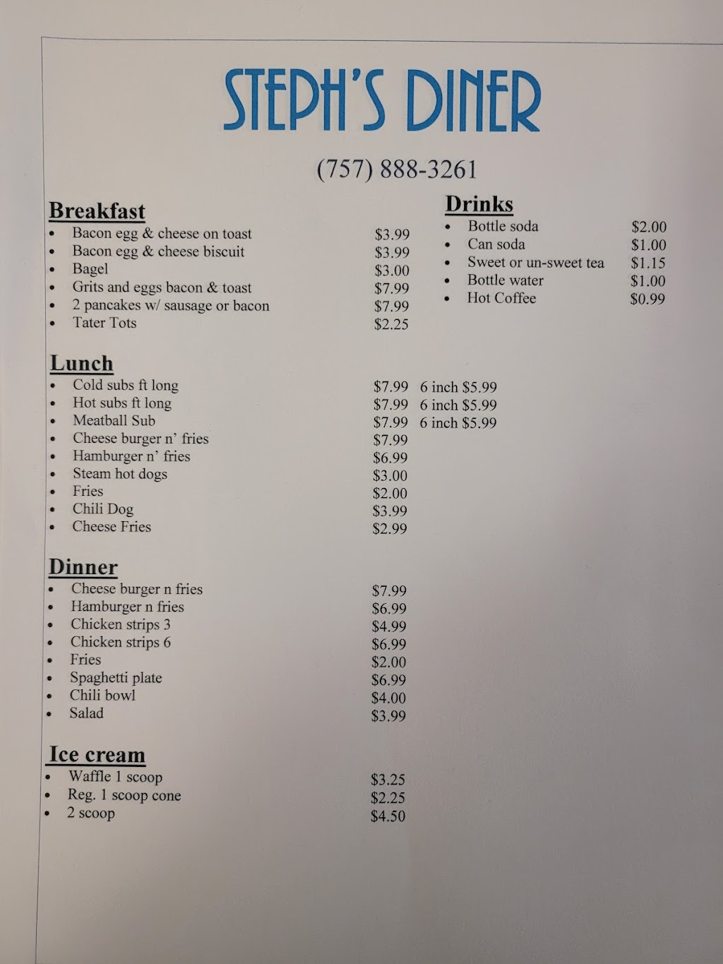 Stephs diner | restaurant | 2210 Old Williamsburg Rd Suite A, Yorktown, VA 23690, USA | 7578883261 OR +1 757-888-3261