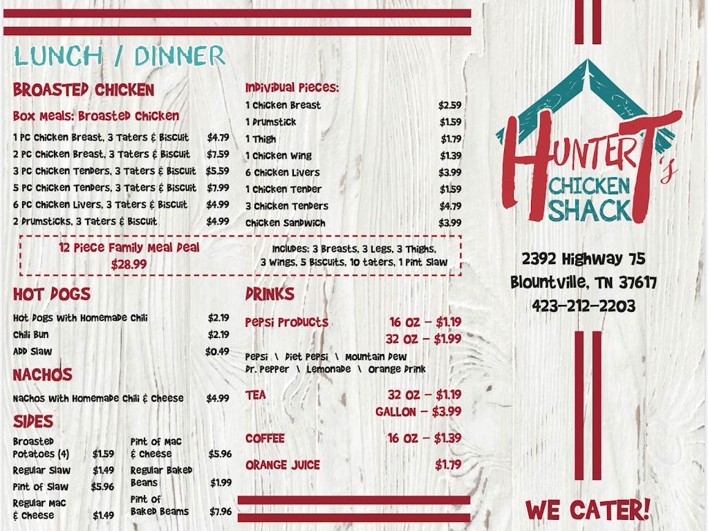 Hunter Ts Chicken Shack | restaurant | 2392 TN-75, Blountville, TN 37617, USA | 4232122203 OR +1 423-212-2203