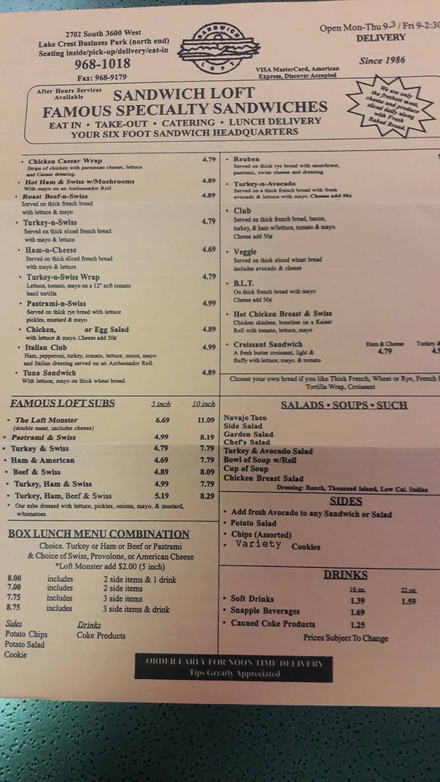 Sandwich Loft | restaurant | 2702 3600 W #I, Salt Lake City, UT 84119, USA | 8019681018 OR +1 801-968-1018