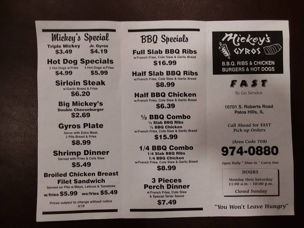 Mickeys Gyros | restaurant | 10701 S Roberts Rd, Palos Hills, IL 60465, USA | 7089740880 OR +1 708-974-0880