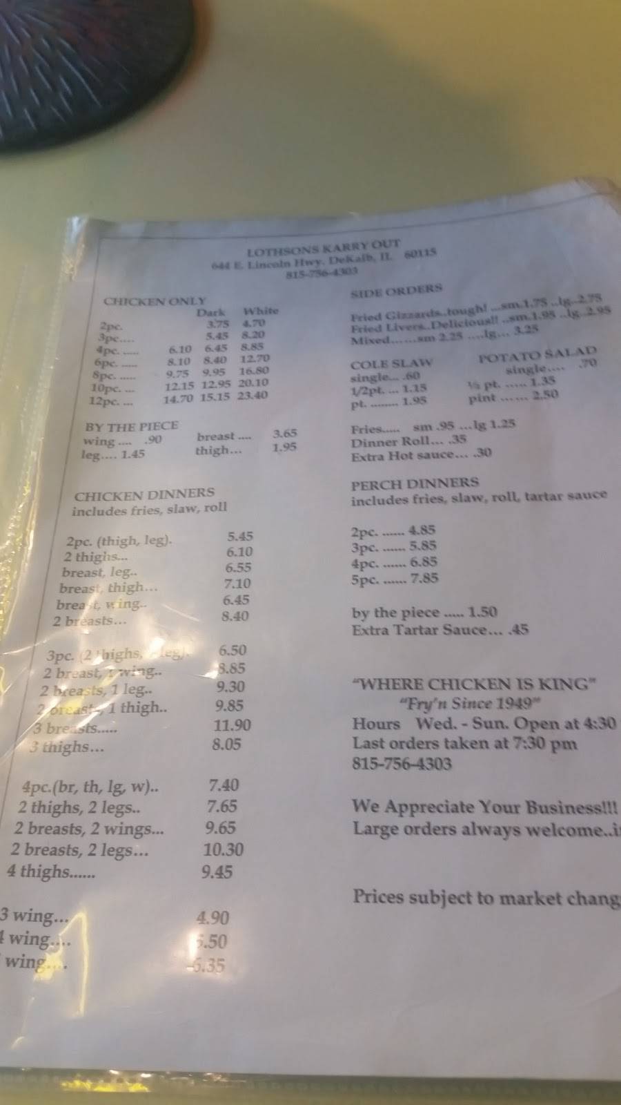 Lothsons Karry Out | restaurant | 644 E Lincoln Hwy, DeKalb, IL 60115, USA | 8157564303 OR +1 815-756-4303