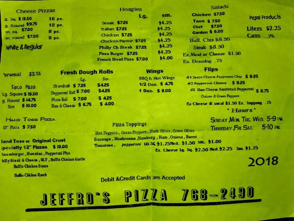 Jeffros Pizza | restaurant | 369 3rd St, Bergholz, OH 43908, USA | 7407682490 OR +1 740-768-2490