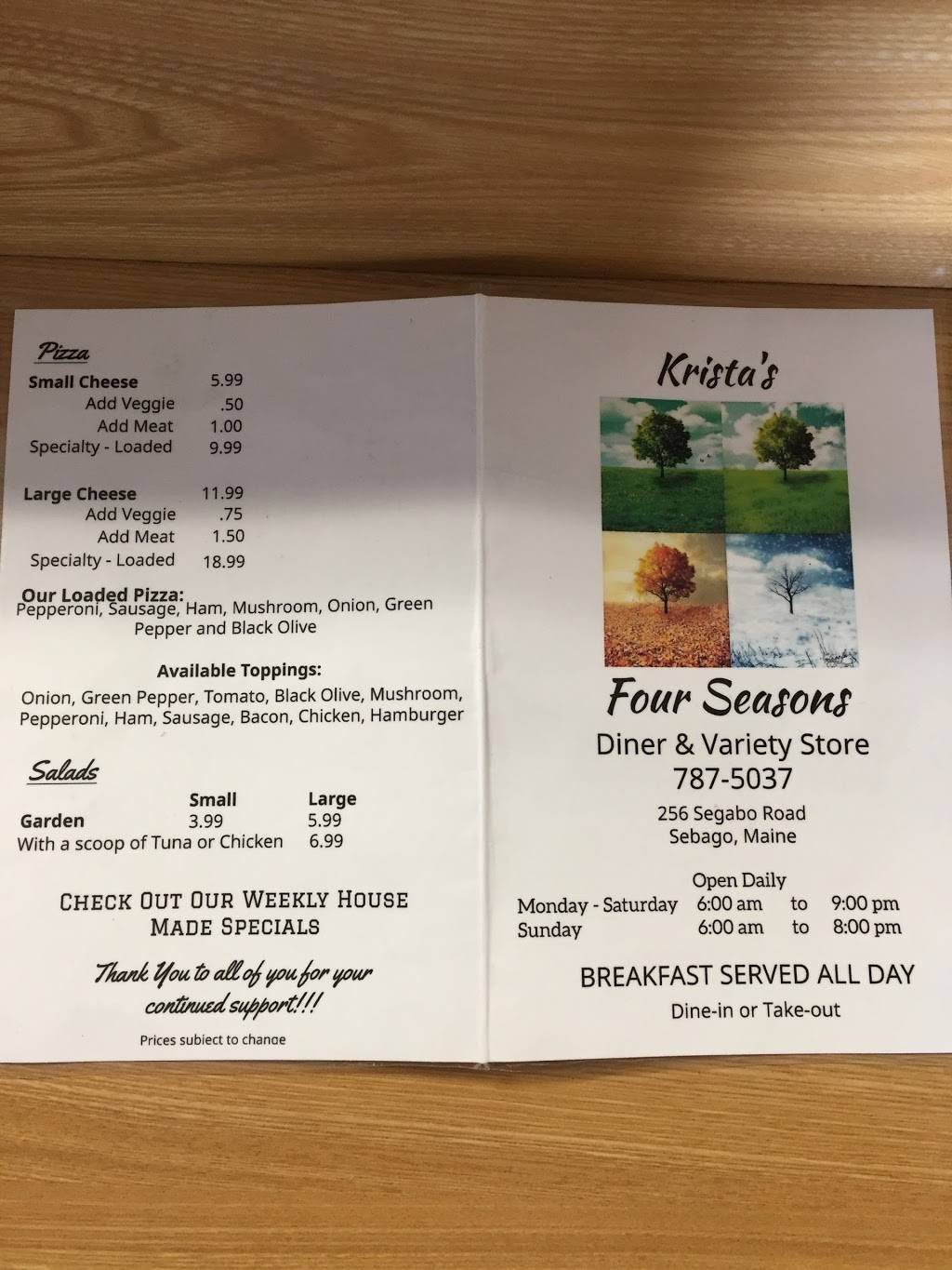 Krista’s Four Seasons | restaurant | 256 Sebago Rd, Sebago, ME 04029, USA | 2077875037 OR +1 207-787-5037