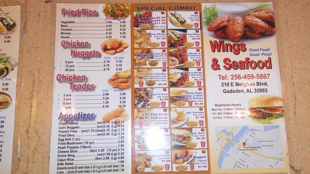 Wings And Seafood | restaurant | 210 E Meighan Blvd, Gadsden, AL 35903, USA | 2564595667 OR +1 256-459-5667