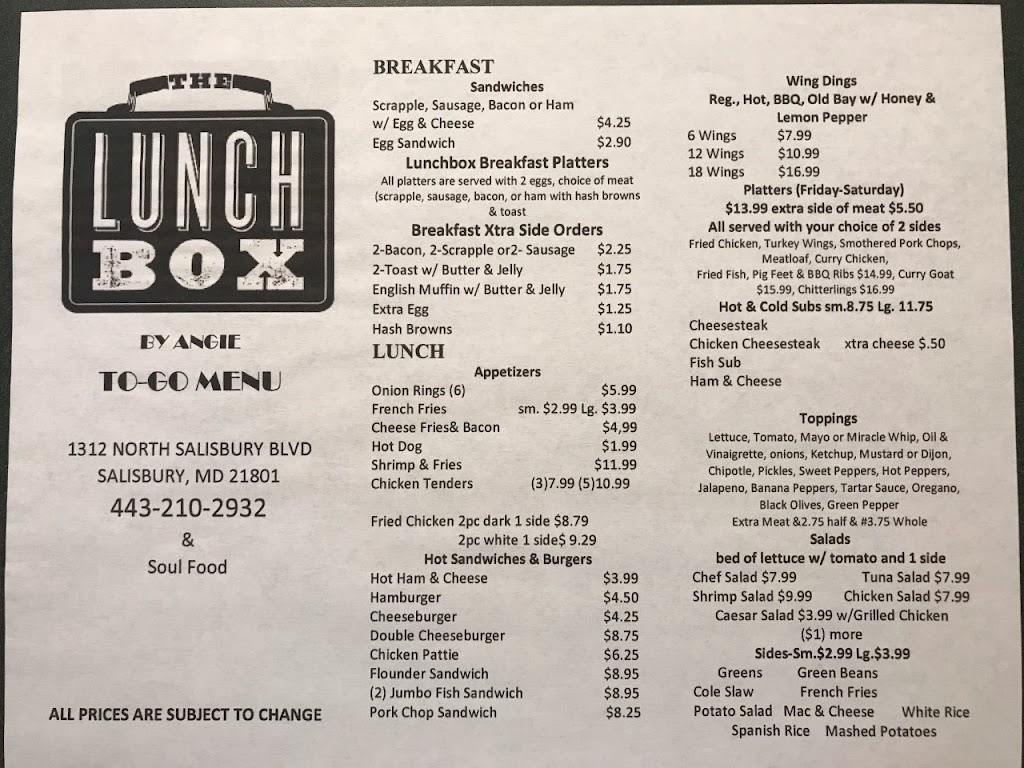 Lunch Box by Angie | meal takeaway | 1312 N Salisbury Blvd, Salisbury, MD 21801, USA | 4432102932 OR +1 443-210-2932