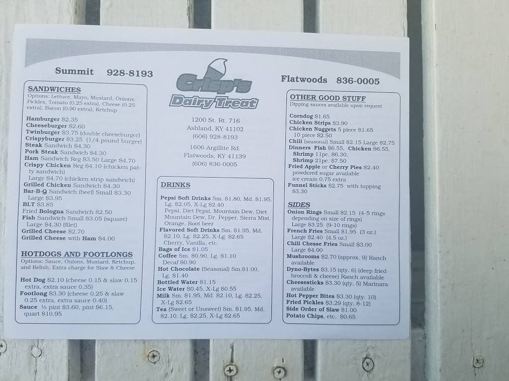 Crisps Dairy Treat | restaurant | 1216 KY-716, Ashland, KY 41102, USA | 6069288193 OR +1 606-928-8193