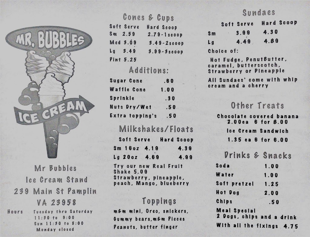 Mr. Bubbles Snack And Ice Cream Stand | restaurant | Main St, Pamplin, VA 23958, USA | 2157834107 OR +1 215-783-4107