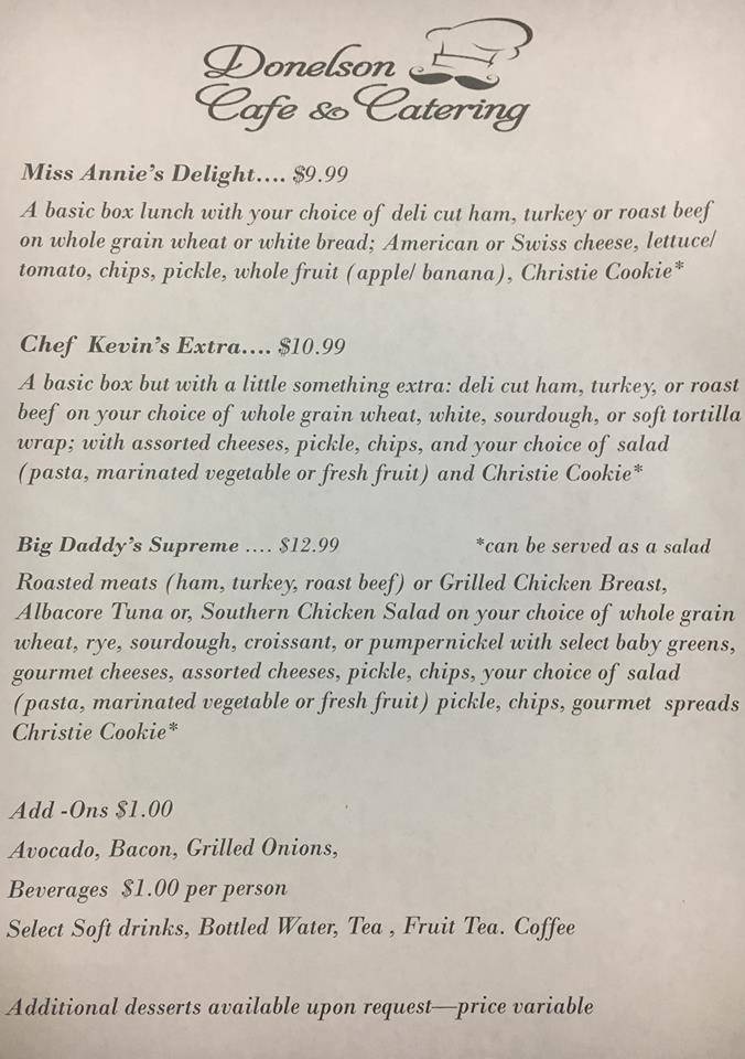 Donelson Cafe and Catering | restaurant | Located inside Fifty Forward Donelson Station in auditorium, 108 Donelson Pike, Nashville, TN 37214, USA | 6158123802 OR +1 615-812-3802