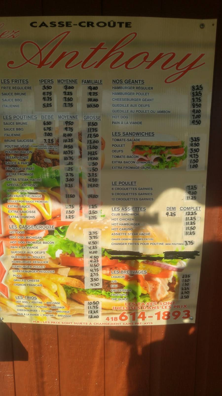Casse-Croute Chez Anthony | restaurant | 216 Rue Seigneuriale, Québec, QC G1E 4Y6, Canada | 4186141893 OR +1 418-614-1893