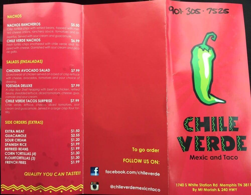 Chile Verde Mexic & Tacos | restaurant | 4971 Park Ave, Memphis, TN 38117, USA | 9013057525 OR +1 901-305-7525