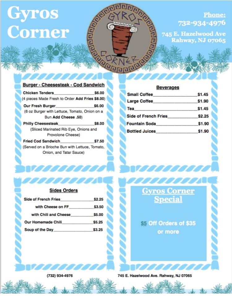 Gyros Corner | restaurant | 745 E Hazelwood Ave, Rahway, NJ 07065, USA | 7329344976 OR +1 732-934-4976