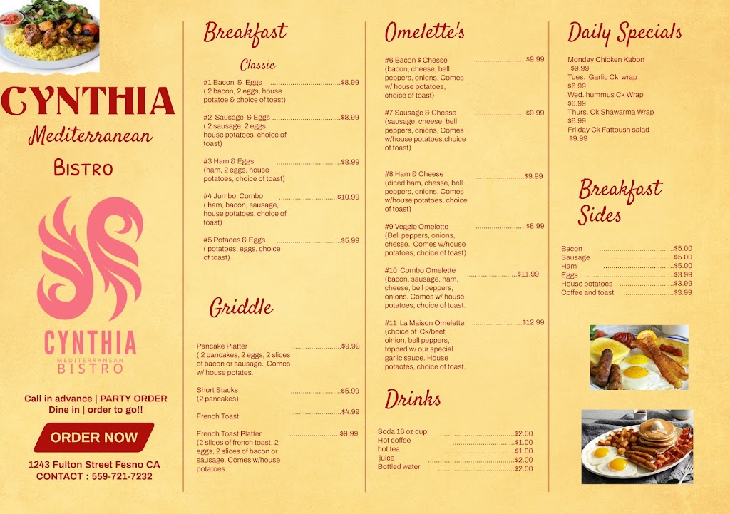 Cynthia Mediterranean Bistro | restaurant | 1243 Fulton St, Fresno, CA 93721, USA | 5597217232 OR +1 559-721-7232