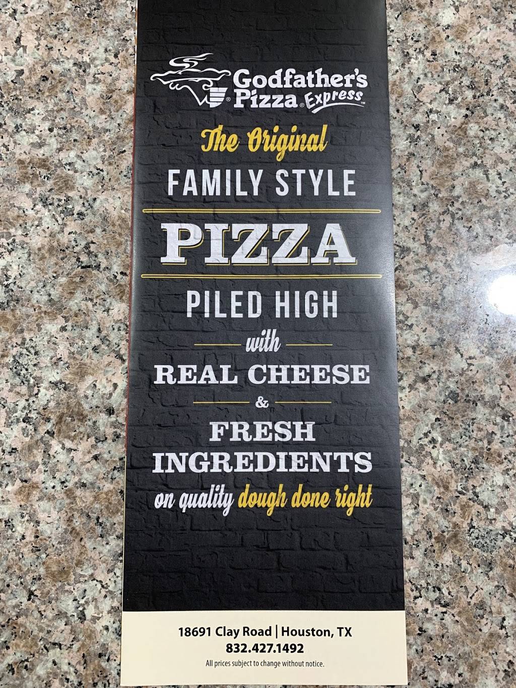 Godfathers Pizza | meal takeaway | 18691 Clay Rd, Houston, TX 77084, USA | 8324271492 OR +1 832-427-1492