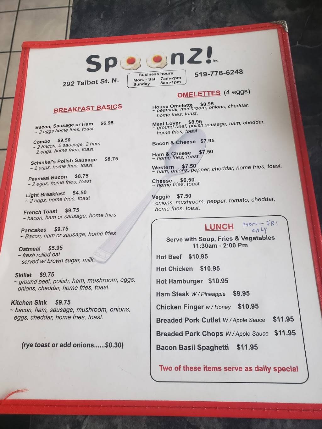 Spoonz Inc | restaurant | 292 Talbot St N, Essex, ON N8M 2E1, Canada | 5197766248 OR +1 519-776-6248
