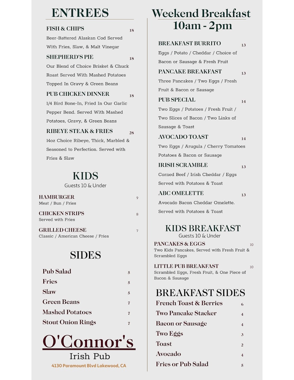 OConnors Irish Pub | restaurant | 4130 Paramount Blvd, Lakewood, CA 90712, USA | 5625411105 OR +1 562-541-1105