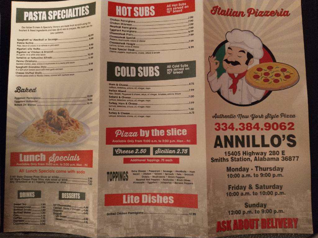 Annillos Pizzeria | restaurant | 15045 US-280, Smiths Station, AL 36877, USA | 3343849062 OR +1 334-384-9062