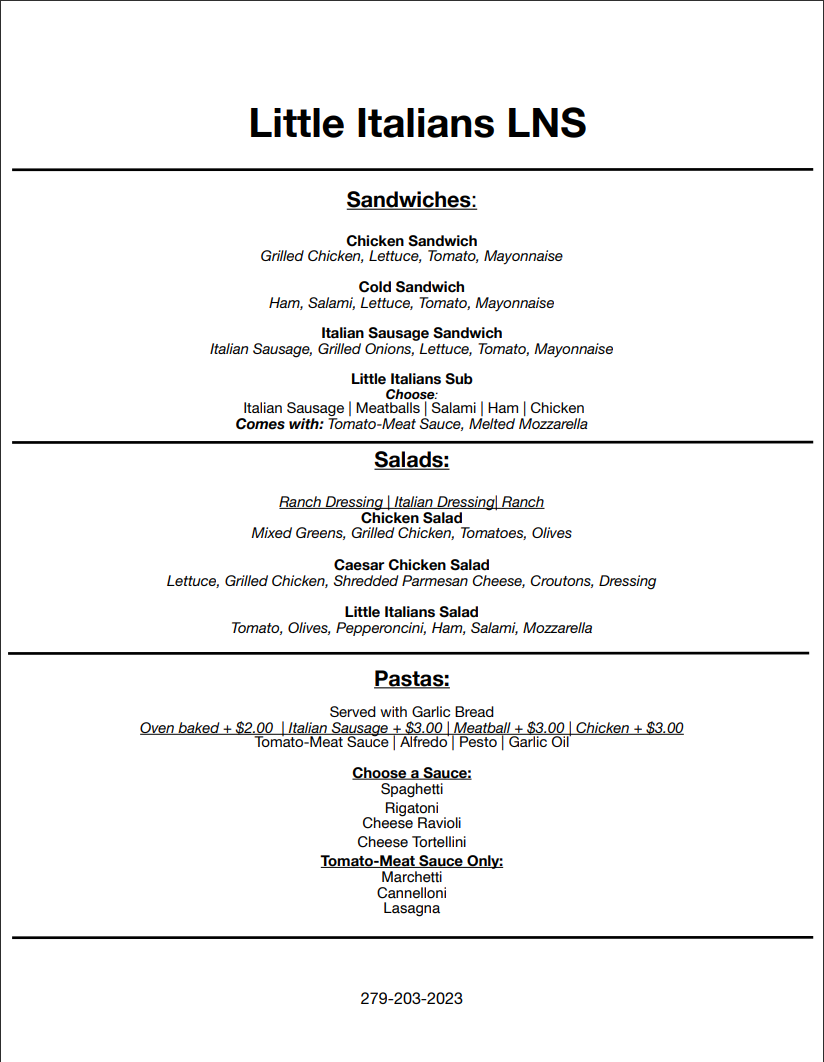 Little Italians LNS | restaurant | 13336 CA-88, Lockeford, CA 95240, USA | 2792032023 OR +1 279-203-2023