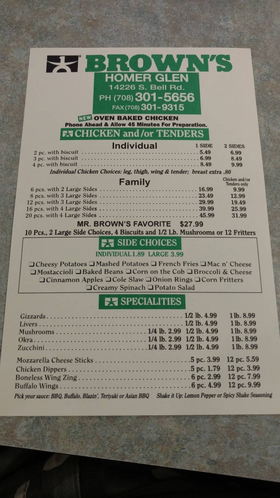 Browns Chicken | restaurant | 14226 S Bell Rd, Homer Glen, IL 60491, USA | 7083015656 OR +1 708-301-5656